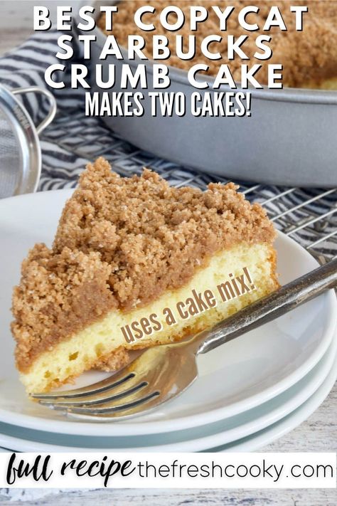 Moist, soft, tender and easy Copycat Starbucks Coffee Cake recipe from The Fresh Cooky. Using a cake mix for the base, and a delicious homemade buttery crumb topping. #thefreshcooky #bestcoffeecakerecipe #bestcrumbcake Starbucks Coffee Cake Recipe, Starbucks Coffee Cake, Coffee Crumb Cake, Potatoes O Brien, Cake Mix Coffee Cake, Homemade Starbucks, Gluten Free Cake Mixes, Crumb Coffee Cakes, Starbucks Lemon