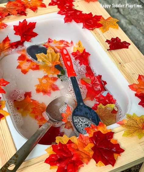 an easy sensory bin for toddler to do during Fall Autumn Term Eyfs, Water Tray Ideas Eyfs Autumn, Autumn Curiosity Cube, Fall Themed Sensory Activities, Toddler Activities Autumn, Autumn Tuff Tray Ideas Toddlers, Autumn Messy Play Ideas, Autumn Continuous Provision, Autumn Nursery Activities