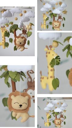 Colecho Ideas, Giraffe Mobile, Lion Mobile, Jungle Mobile, Safari Mobile, Felt Template, Baby Mobile Felt, Diy Baby Blanket, Hawaiian Party Decorations