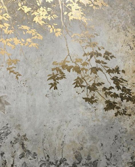 Leaf Feature Wall, Gold Leaf Accent Wall, Wall Leaves Decor, Gold Leaf On Walls, Gold Leaf Wall Art, Gold Leaf Mural, Gold Painting Ideas, Gold Wall Paint, Gold Feature Wall