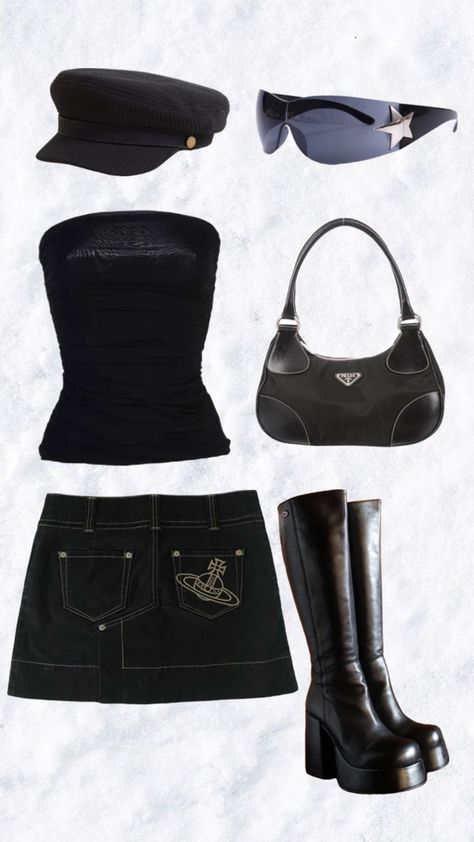 Y2k Outfits Street Styles Skirts, 2000s Mini Skirt Outfit, Black Tube Top Outfit, Magazine Aesthetic, Types Of Clothing, Boots Prada, Aesthetics Fashion, Top Sunglasses, Black Tube