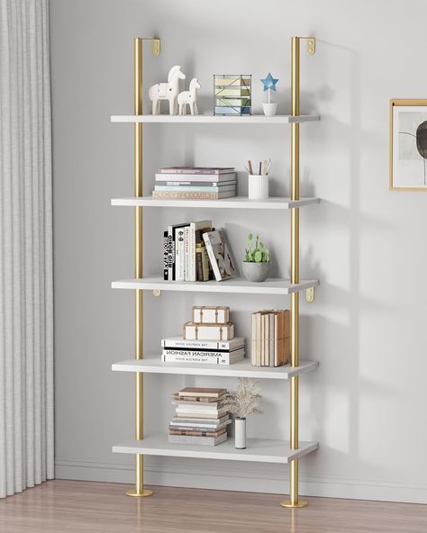 Amazon.com: pickpiff Ladder Shelf Bookcase 5 Tier, Extra Sturdy Modern Bookshelf Wall Mounted, Tall Standing Open Shelf White and Gold, Industrial Metal Frame with Wooden Shelf : Home & Kitchen Modern Bookshelf Wall, James Theo, Gold Bookshelf, Bookshelf Table, Bookshelf Wall, Nathan James, Wall Mounted Bookshelves, Ladder Bookshelf, Modern Bookshelf