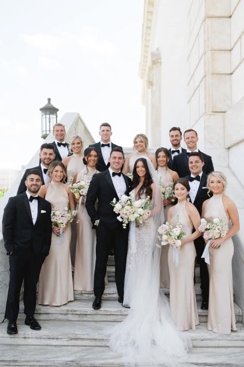 Classy Wedding Bridal Party, Neutral Wedding Venue Decor, Formal Wedding Groomsmen, Sand Color Bridal Party, 10 Bridesmaids And Groomsmen, Champagne Bridemsaid Dresses, Wedding Day Pictures Bridal Party, Classic Elegant Bridesmaid Dresses, Bridal Party At Alter