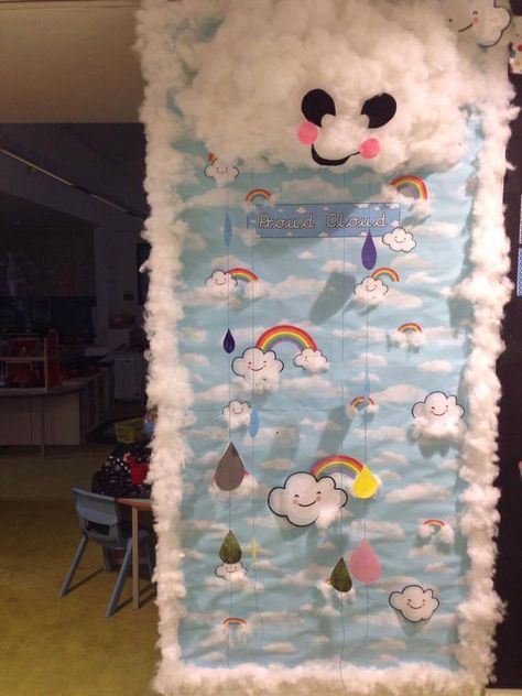 Proud cloud display: Children peg their own work to the raindrops. Proud Cloud, Cloud Ideas, Primary Classroom Displays, Behaviour Display, Turtle Room, Kindergarten Classroom Setup, Preschool Puzzles, Ideas For Classroom, Facebook Feed