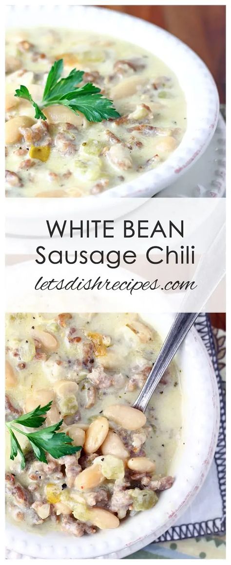 White Bean Chili With Sausage, Bean Soup With Sausage Recipes, Sausage And White Bean Soup Crockpot, White Chili With Sausage, White Sausage Chili, White Bean Sausage Chili, White Chili With Pork, Pork Sausage Chili Recipe, Recipes Using Pork Broth