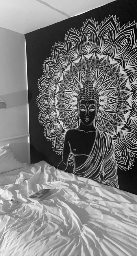 Zen Murals Wall Paintings, Black Wall Drawing Ideas, Zen Wall Art Decor, Buddha Mandala Art Wall Painting, Compound Wall Painting Ideas, Stincel Pattern Design, Mandala Wall Art Bedrooms, Buddha Murals Wall Art, Buddha Bedroom Ideas