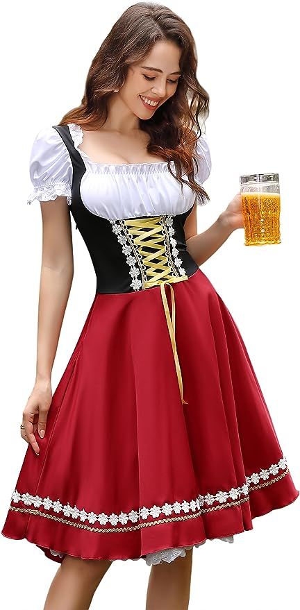 Comes in this red or green #paidlink Oktoberfest Outfit Women, Fancy Dress Plus Size, Dirndl Dress Traditional, Lederhosen Women, German Dirndl Dress, Bavarian Costume, Dirndl Dress Oktoberfest, Bavarian Dress, German Dress Dirndl