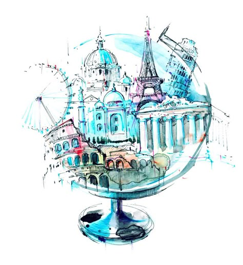 Landmarks. Architecture around the world globe #Sponsored , #PAID, #PAID, #Landmarks, #world, #globe, #Architecture Landmarks Art, Art Mignon, World Map Art, Foto Tips, Desenho Tattoo, Art Et Illustration, 판타지 아트, Cool Art Drawings, 그림 �그리기