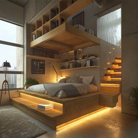 Loft Master Bedrooms Decor, Modern Loft Bed Floating, Modern Loft Bed Low, Two Floor Bedroom, Japanese Loft Bedroom, Loft Bedroom With Balcony, Loft Bed Aesthetic, Tiny Home Bedroom Ideas, Master Loft Bedroom