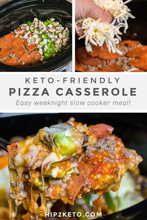 Easy Weeknight Slow Cooker Meals, Keto Pizza Casserole, Crock Pot Pizza, Low Carb Marinara, Casserole Easy, Keto Crockpot Recipes, Keto Casserole, Pizza Casserole, Keto Pizza