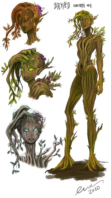 ArtStation - Dryad Concept, Eva Angeli Toptsou Plant Fairy Drawing, Plants As People Art, Humanoid Plant Concept Art, Mother Nature Concept Art, Dryad Dnd 5e, Humanoid Plant Monster, Tree Character Design Concept Art, Treant Character Design, Plant People Drawings