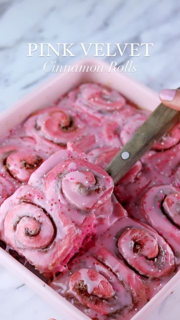 Pink Food Recipes Meals, Pink Cinnamon Rolls, Valentines Day Breakfast Ideas, Sheri Wilson, Cinnamon Roll Recipe, Valentines Baking, Cream Cheese Glaze, Valentine Desserts, Valentines Day Food