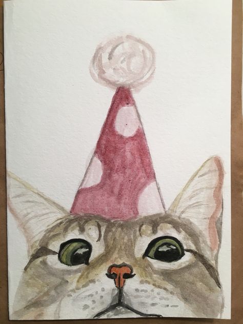 Sister Birthday Card Watercolor, Watercolor Paintings For Birthday Cards, Cat Birthday Card Watercolor, Cat Drawing Birthday Card, Cat Card Ideas Birthday, Holiday Card Drawing Ideas, Cat Birthday Doodle, Bday Card Drawing, Drawing Ideas For Birthday Gift