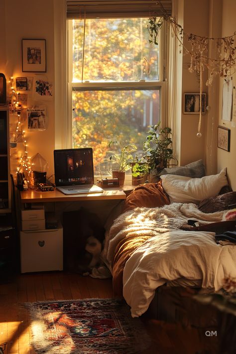 Cozy dorm room with a bed, aesthetic lighting, and plants by the window. Ideal for DIY decor on a budget and featuring a colorful dorm room rug. Small Dorm Room Ideas Aesthetic, Aesthetic Bedroom Small Room, Bedroom Ideas Fall Colors, College Dorm Room Ideas Dark Academia, Cute Dorm Room Aesthetic, Dorm Room Organization Aesthetic, College Dorm Room Ideas Earthy, Cozy Cool Bedroom, Comfort Home Aesthetic