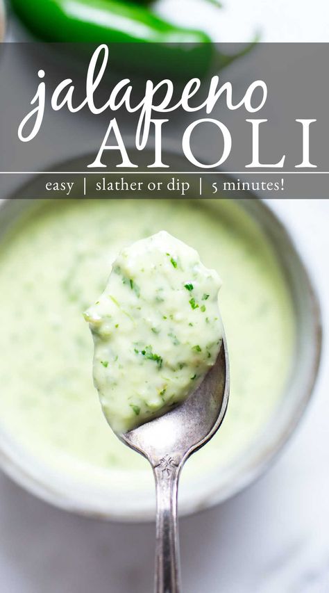 Jalapeno aioli up close on a spoon. Cilantro Jalapeño Aioli, Aoili Recipe Spicy, Jalapeno Lime Aioli, Cilantro Aioli Recipe, Jalapeno Aioli Recipes, Jalapeno Mayonnaise Recipe, Aoli Sauce Recipes, Jalapeno Mayo Recipe, Lime Aioli Recipe