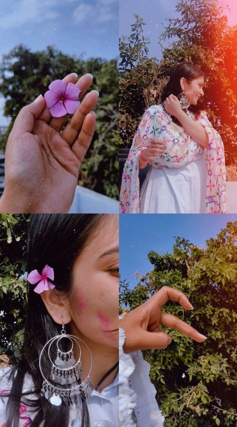 Holi Instagram Layout, Holi Layout Ideas, Holi Asthetic Poses, Holi Poses For Women, Holi Pic Ideas, Holi Poses With Friends, Holi Aesthetic Pictures, Holi Pose Ideas, Kurta Photoshoot Ideas