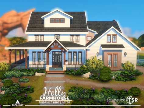 The Sims Resource - Holly Farmhouse Sims 4 House With Wrap Around Porch, Sims 4 Family Farmhouse, Sims 4 Houses Farmhouse, Modern Farmhouse Sims 4, Sims 4 Cc Farmhouse, Sims 4 Farmhouse, House With Wrap Around Porch, White Modern Farmhouse, Bloxburg Houses