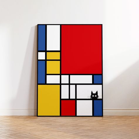 Illuminate your living space with this fun and playful twist on a Piet Mondrian inspired abstract geometric art print. This piece features a cartoon kitty peeking out from between the geometric lines and bold primary colors of red, yellow, blue and white. Give your home a modern style and a fun twist with this abstract modernism art echoing Piet Mondrian's iconic style.  Its universal appeal and fun minimalist design make it easy to integrate into various decor styles and would be purr-fect for Primary Colors Art Design, Easy Modern Art, Primary Colors Design, Primary Color Design, Wall Art Easy, Abstract Art Geometric Design, Abstract Art Easy, Modern Contemporary Art, Primary Color Art