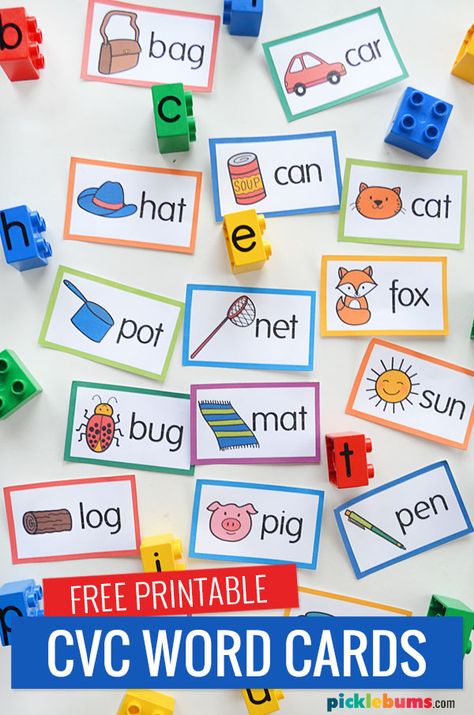 Build Words With Letter Lego Blocks and CVC Word Cards - Picklebums Word Cards For Preschool, Free Cvc Words, Cvc Speech Therapy Activities, Cvc Pictures Cards Free, Family Words Activities For Kids, Cvc Words For Kindergarten, Cvc Words Activities, Phonics Cvc Words, Phonics Cvc