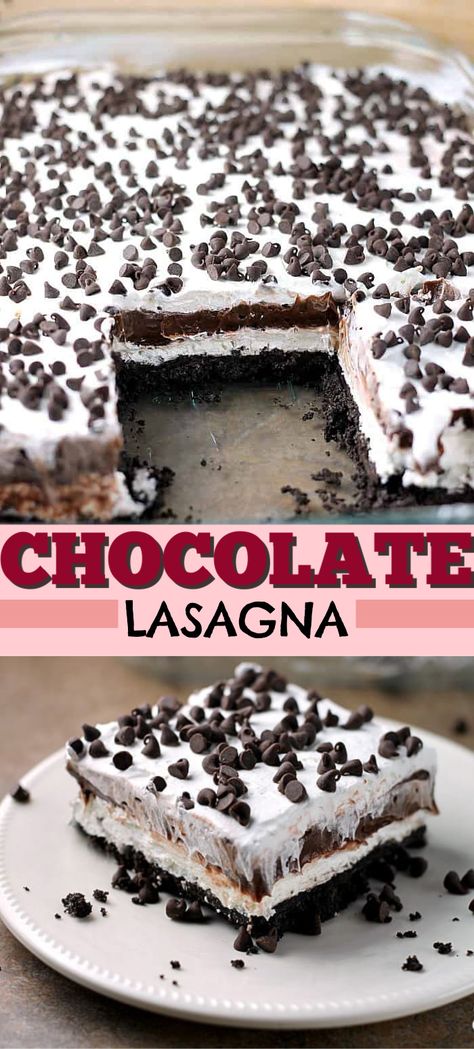 No Baked, Cookies Cream Cheese, Cream Cheese Whipped Cream, Chocolate Lasagna Recipe, Grill Dessert, Cool Whip Desserts, Dessert Halloween, Layered Dessert, Chocolate Lasagna