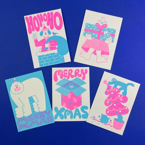 YUK FUN Christmas cards 2021 on Behance Christmas Cards Pink, Pink And Blue Christmas, Christmas Card Illustration, Present Box, Fun Christmas Cards, Art Zine, Happy Bunny, Santa Dog, Riso Print