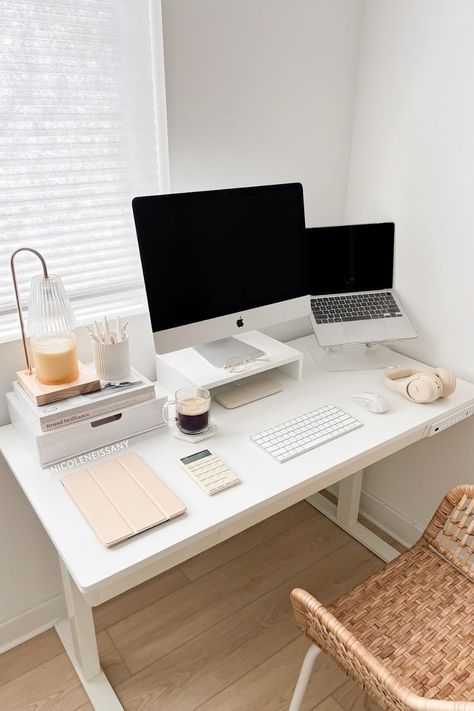 neutral minimalist aesthetic work from home set up Neutral Minimalist Aesthetic, Aesthetic Work From Home, Neutral Home Office, Home Office Desk Setup, Aesthetic Workspace, Office Decor Workplace, Work Office Decor, Cozy Home Office, Desk Inspiration