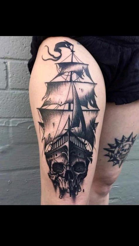 Ship Tattoo Sleeves, Pirate Skull Tattoos, Ship Tattoos, Pirate Ship Tattoos, Pirate Ship Tattoo, Boat Tattoo, Pirate Tattoo, Tattoo Skull, Floral Tattoo Sleeve