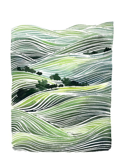 Green Hills, 수채화 그림, Watercolor Inspiration, Art Landscape, Watercolor Techniques, Watercolor Art Prints, Silk Painting, Art Plastique, Watercolor Landscape