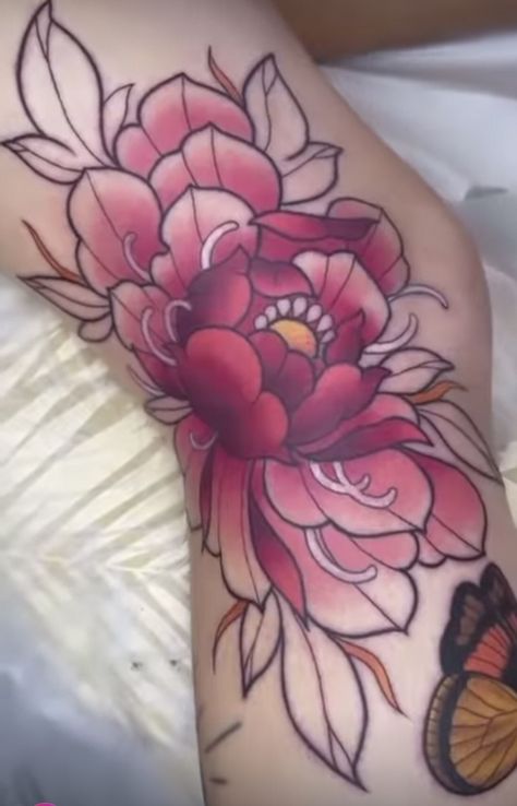 Neo Trad Peony Tattoo, Tropical Flower Tattoo Designs, Japanese Colour Tattoo, Neo Traditional Flowers, Pink Peony Tattoo, Pink Flower Tattoos, Tropical Flower Tattoos, Tattoo Fixes, American Traditional Tattoo Ideas