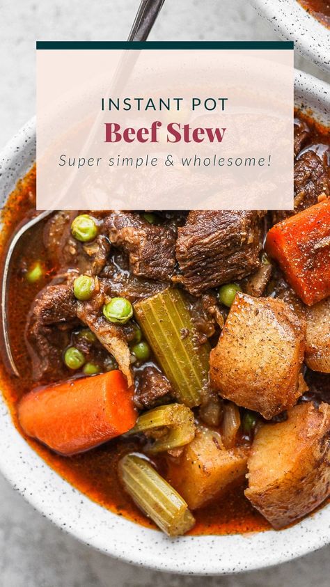 This Instant Pot Beef Stew is everything slow roasted stew is, but without the long cook time! Fall apart beef and tons of veggies, plus its ready to eat in under an hour. Beef Stew Pressure Cooker Recipes, Pressure Cooker Beef Stew, Instant Pot Beef Stew Recipe, Pressure Cooker Beef, Instant Pot Stew, Instant Pot Beef Stew, Beef Stew Crockpot, Carrots Celery, Pot Beef Stew