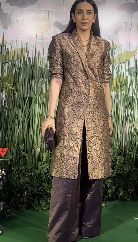 Brocade Blazer Outfit, Brocade Coordset Outfit, Brocade Western Outfits, Saree Salwar Dress Design, Banarasi Silk Suits Design, Banarsi Cord Set Design, Brocade Kurta Designs Women, Banarasi Blazer Suit Women, Brocade Jacket Outfit