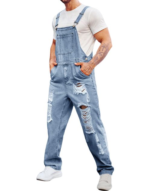 PRICES MAY VARY. Material: High quality denim fabric, this hippie denim overalls is durability and long-lasting wear, soft denim provides you comfort and relaxed feeling throughout day Features: Fashion overall trousers for men, Destroyed jeans, Ripped Design, Button Fly and zipper closure, Denim fabric, Trousers, Two side pockets and two back pockets. These distressed workwear jean jumpsuit feature a generous and relaxed touch, regular fit with adjustable shoulder straps, big bib pocket & multi Sleek Casual Outfits, Jean Jumpsuit, Overalls Jeans, Mens Fashion Denim, Overalls Fashion, Straps Jumpsuit, Blue Overalls, Workwear Jeans, Trousers Casual