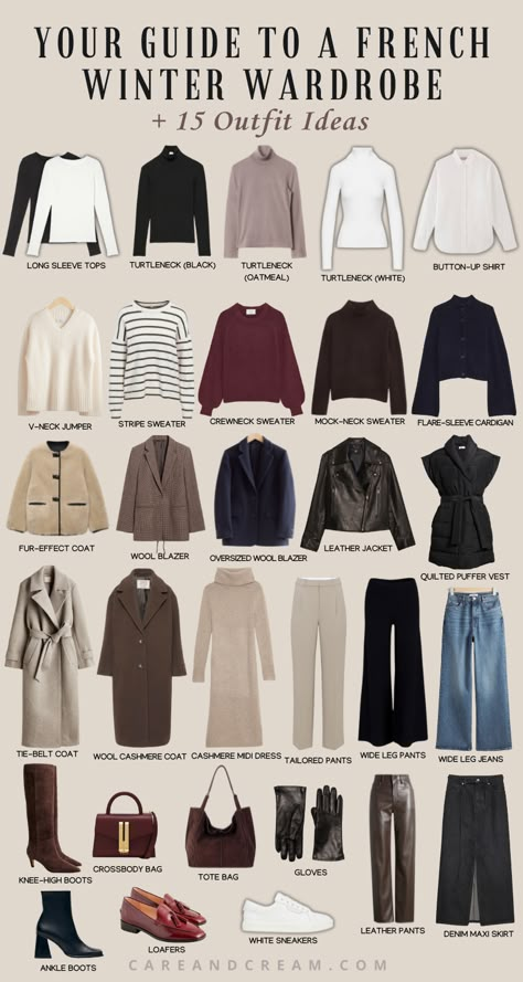 The timeless elegance of French winter wardrobe essentials is the perfect inspiration for your winter capsule wardrobe. Our blog post offers 25+ winter basics wardrobe essentials, along with 15 chic French winter outfit. Learn to curate your own French capsule wardrobe with these winter basics. Master how to dress like a French woman in winter. Cold weather outfits, capsule wardrobe outfits winter, French winter fashion women. Winter Casual Elegant Outfit, Capsule Wardrobe Shopping List, Capsule Wardrobe Seasons, Winter Outfits Cosy, Winter Wardrobe Staples, Winter Outfit Capsule Wardrobe, Winter Basics Wardrobe Minimal Classic, Womens Winter Capsule Wardrobe, Capsule Wardrobe Outfits Winter