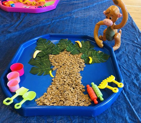 Monkey Tuff Tray Ideas, Jungle Themed Tuff Tray, Monkey Puzzle Tuff Tray, Jungle Messy Play, January Planning, Night Monkey, June Ideas, Play Cafe, Monkey Puzzle