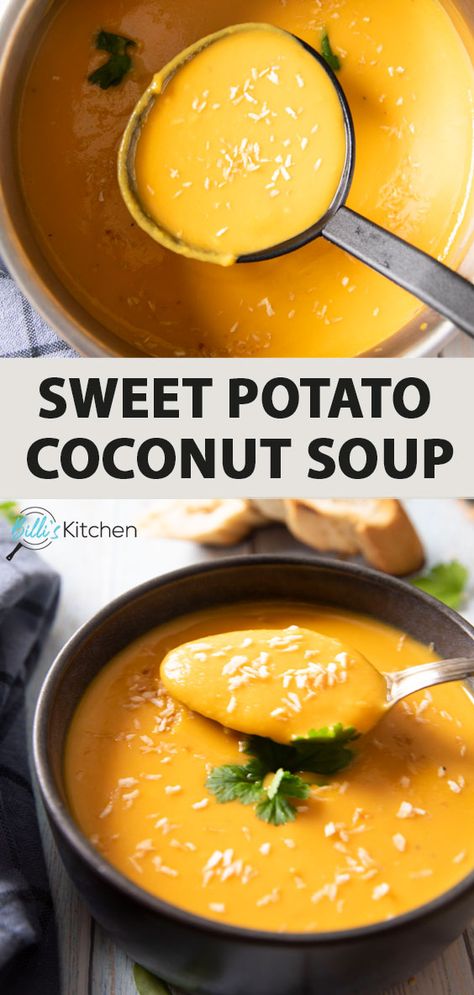 Treat yourself to a bowl of comfort with a serving of this Sweet Potato Coconut Soup. A perfect balance of creamy, earthy, and sweet in every spoonful. Excellent as an appetizer or as a light meal on its own! Yum! Yam Soup Recipe, Sweet Potato Coconut Milk, Healthy Detox Soup, Coconut Soup Recipes, Milk Soup, Sweet Potato Soup Recipes, Coconut Milk Soup, Coconut Soup, Easy Soup