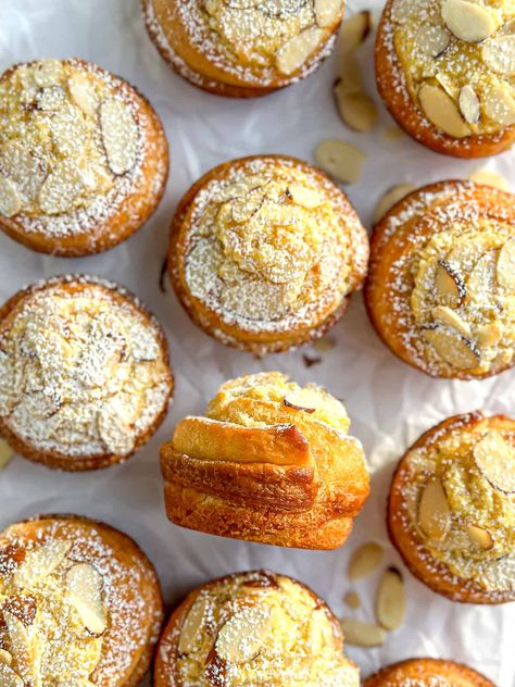 The Best Almond Croissant Muffins (Cruffins) Croissant Muffin Recipe, Almond Croissant Muffins, Cruffins With Puff Pastry, Croissant Muffins, Almond Croissant Recipe, Almond Crescents, Baked Goods Desserts, Savory Baked Goods, Cruffin Recipe