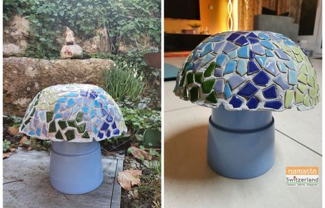 Garden or Balcony Decor - DIY Mosaic Mushroom - Namaste Switzerland Mosaic Tile Designs, Diy Mosaic, Concrete Diy Projects, Yard Ornaments, Plastic Foil, Glass Mushrooms, Mosaic Diy, Mushroom Art, Concrete Diy