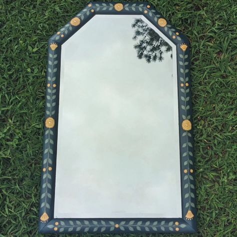 Hand painted wooden hexagon mirror Oak frame  26.5"H x 16.5"W Wire hanger  Signs of age - faint fogginess, light surface scratches #handpaintedmirror #paintedmirror #handpainted #handpaintedfurniture #colorfulhome #colorfulinterior #interiordesign #folkart #boho #bohostyle #bohodecor #uniqueinteriors #fusionmineralpaint #handpainteddecor #smithfieldva #virginiaartist #upcyclefurniture #upcycle Painted Frame Mirror, Paint Mirror Frame, Painted Mirror Frame, Mirror Art Diy, Painting Mirror Frames, Painted Mirror Art, Hand Painted Mirrors, Hexagon Mirror, Painted Decor