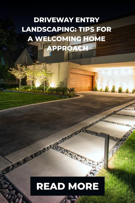 Elegantly lit driveway and walkway with lush garden leading to a modern home at dusk, with a "Driveway Entry Landscaping: Tips for a Welcoming Home Approach - Read More" overlay. Path Next To Driveway, Landscape Next To Driveway, Driveways Landscaping, Walkway Next To Driveway, Entrance Garden Ideas Entryway, Widening Driveway Ideas, Side Driveway Ideas, Half Circle Driveway Landscaping, Side Of Driveway Landscaping