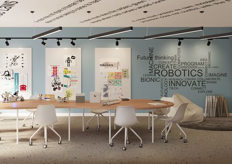 IB School on Behance Private School Classroom Design, Education Interior Design, School Office Design, Office Creative Space, Innovative School Design, Conference Room Decor, Education Design Interior, School Reception, Classroom Interior