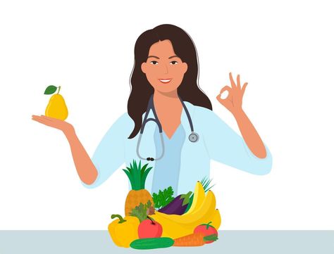 Nutrition therapy with healthy food and physical activity. Vector illustration in cartoon style Dietitian Illustration, Healthy Body Illustration, Healthy Cartoon, Healthy Illustration, Nutrition Therapy, Whale Coloring Pages, Actors Illustration, Healthy Food Habits, Skull Coloring Pages