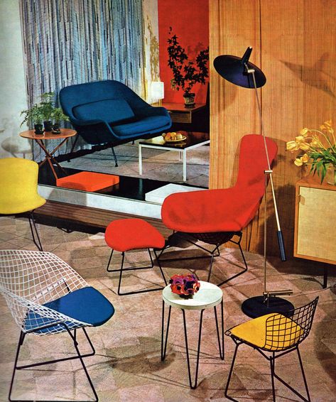 Interior design by Knoll, 1963 Hans Wegner, 70s Interior Design, 70s Interior, Cafe Wall, Red Chair, Creative Wall, Butterfly Chair, Geometric Wall, Interior Art