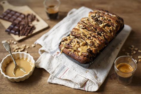 Chocolate Peanut Pull-Apart Loaf with Espresso Glaze Espresso Glaze, Pull Apart Loaf, Bread Sweet, Talented People, Chocolate Cinnamon, Recipe Notes, Sweet Bread, Pull Apart, Chocolate Peanuts