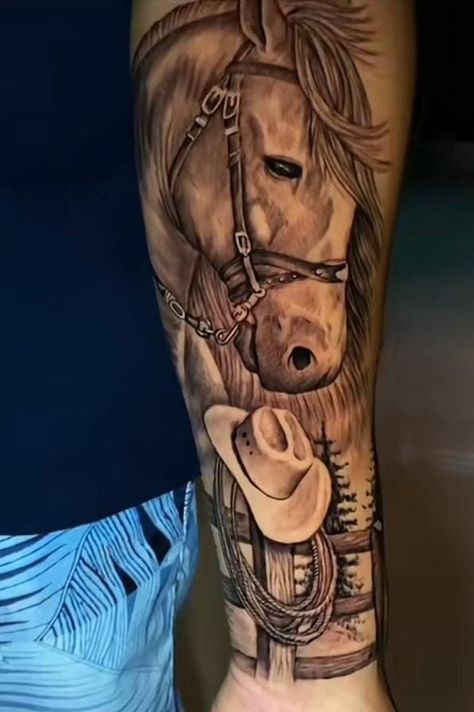 Lasso Tattoo Design, Mexican Horse Tattoo, Men Country Tattoos, Horse Tattoos Men, Mens Horse Tattoo, Horse Shoulder Tattoo, Horse And Rider Tattoo, Farm Sleeve Tattoo, Cowboy Up Tattoo Ideas