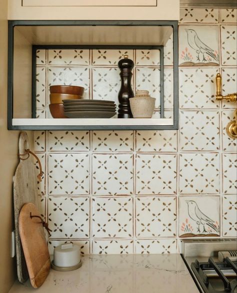 Floating Kitchen Shelf, Tabarka Tile, Lacanche Range, Hexagon Floor Tiles, Arched Mirrors, Modern Cottage Homes, Floating Kitchen, Paint Backsplash, Hexagon Floor