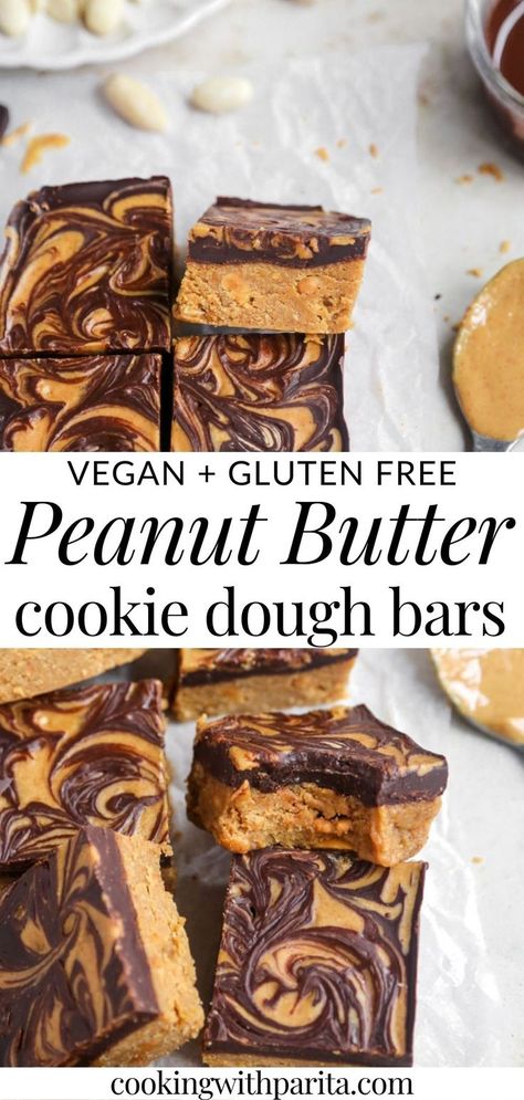 Image of vegan peanut butter cookie dough bars with text. Vegan Gluten Free Bars, Gf Vegan Snacks, Vegan Bars Recipe, Vegan Recipes With Peanut Butter, Vegan Candy Bars, Vegan 5 Ingredient Recipes, Vegan Chocolate Peanut Butter Bars, Vegan Dessert Board, Vegan Bars Dessert