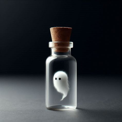 This image features a small piece of conceptual art.The composition focuses on a tiny transparent glass bottle sealed with a cork. Inside, there is a small, ghost-like figure made of white, wispy material with two black eyes. The background is uniformly dark, emphasizing the bottle and its ethereal occupant. The simplicity of the setting and the minimalistic style lend a sense of curiosity and whimsy to the piece, creating a mysterious and captivating visual. Minimalistic Style, Black Eyes, Conceptual Art, Eye Black, Glass Bottle, Glass Bottles, Cork, Ghost, Sense