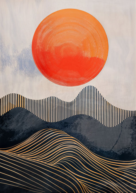 Bring calmness to your space with Tangerine Tide, showcasing a serene sun sitting above gentle wave lines. Perfect for creating a relaxing atmosphere. Sun Design Graphics, How To Draw Waves, Sunset Line Art, Waves Line Art, Sunset Graphic Design, Color Line Art, Painting Lines, Line Art Painting, Calming Art