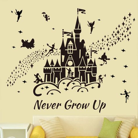 Disney Castle Wall Painting, Never Grow Up Quotes, Grow Up Quotes, Castle Wall Decal, Quotes Stars, Diy Mural Art, Pan Wall, Growing Up Quotes, Disney Wall Decals