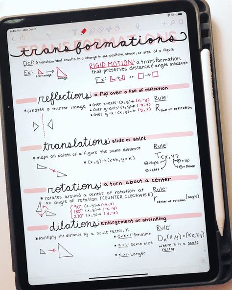 Pretty handwriting notes for Geometry transformations. Great for study guide Study Aestethic, Geometry Transformations, Notes Handwriting, Handwriting Notes, Notability Notes, Ipad Notes, Organization Notes, Pretty Handwriting, Neat Handwriting